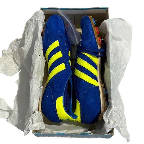 Vintage  70's Adidas 5202 adiSTAR 2000 Soccer Cleats 7.5 Blue/Yellow Unworn Rare - Picture 1 of 16